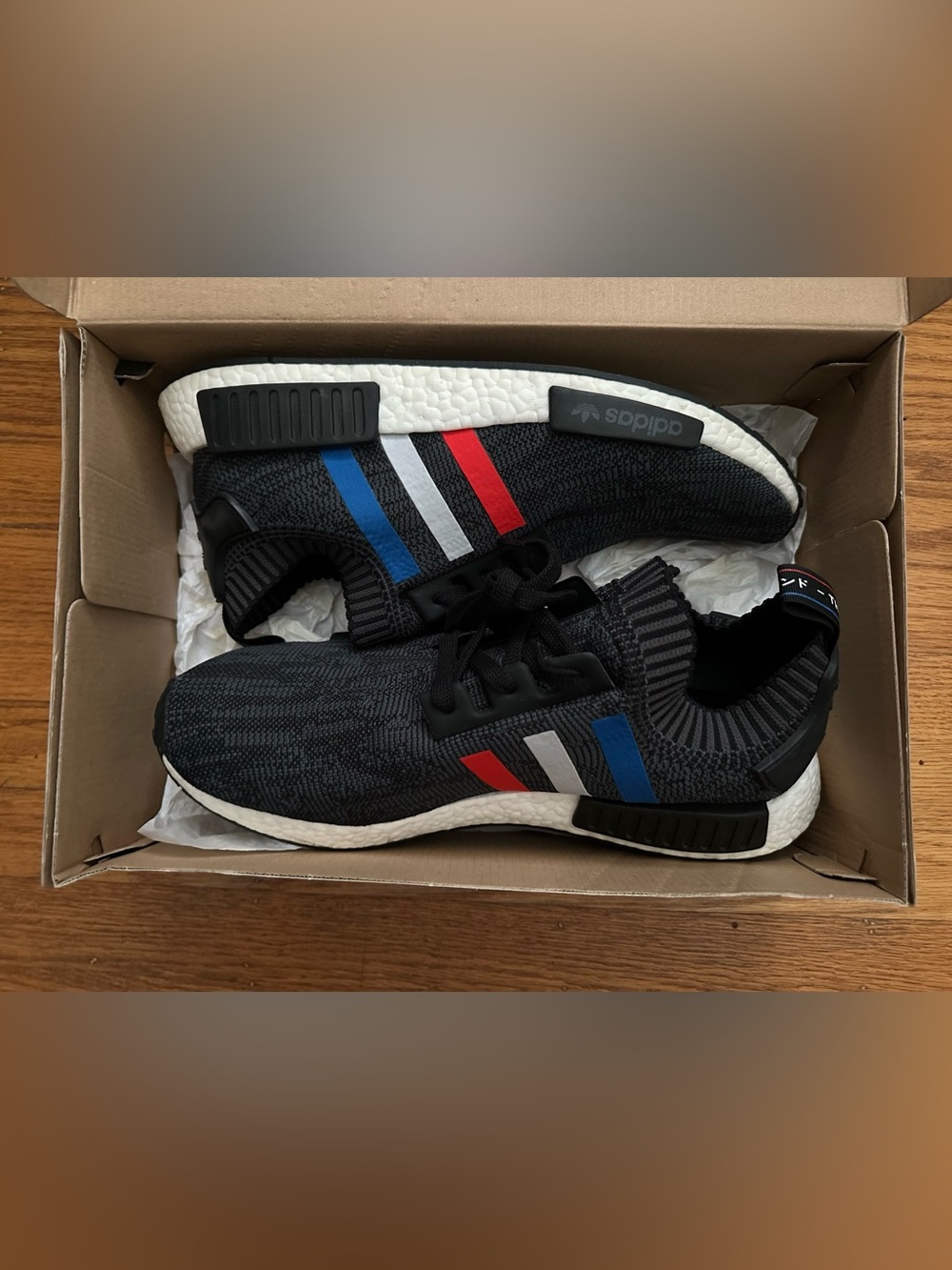 Mens Adidas NMD R1 PK black with red white blue sneakers